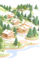 Charming snow-dusted village nestled in a pine forest