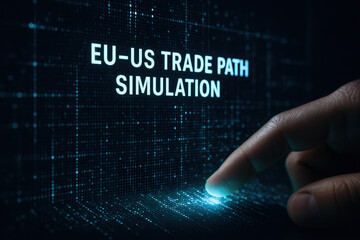 A strategic business decision is illustrated by a hand activating a digital interface for an EU-US trade path simulation emphasizing innovation and efficient workflow