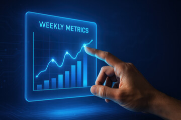 A human interacts with a translucent digital chart displaying weekly metrics illustrating strategy and business growth through dynamic decision-making and data-driven innovation