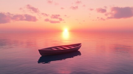 Naklejka premium Serene sunrise reflecting in tranquil waters with a solitary rowboat