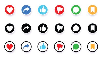 social media buttons icon set like, Share, comment, save and love sign.