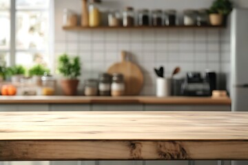 Kitchen wooden tabletop for product display with blurred modern decor backdrop