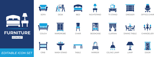 Furniture solid icon set featuring chairs, residence, blueprint, lounge, plan, connected, living, three-dimensional, and cabinets. editable vectors for web, apps & interior design.