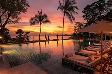 Beautiful swimming pool with beach chairs and umbrellas under palm trees at sunset on the tropical island of Thailand. Summer vacation concept. 