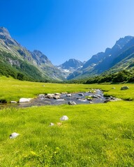 Fototapeta na wymiar Serene mountain valley with a clear stream flowing through lush green meadows under a bright blue sky