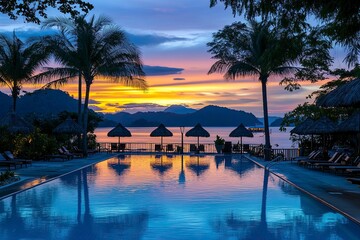 Obraz premium Beautiful swimming pool with beach chairs and umbrellas under palm trees at sunset on the tropical island of Thailand. Summer vacation concept. 