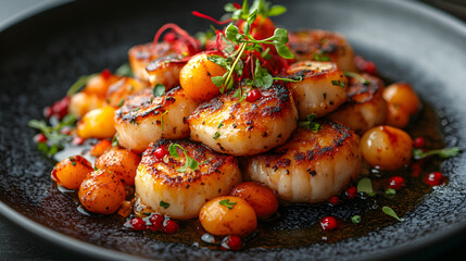 Crab Cakes served on dark grey textured plate with fresh garnish top view
