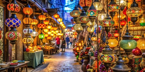 Fototapeta premium A vibrant marketplace alleyway filled with colorful hanging mosaic lanterns, glowing warmly in the evening light, creating a mesmerizing display of artisanal craftsmanship and cultural richness.