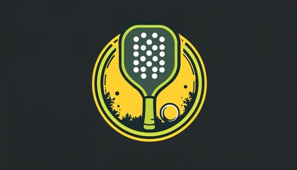 Fototapeta premium Padel Tennis Logo: A simple, vibrant illustration featuring the iconic padel racket alongside a ball, embodying the spirit of the sport on a circular emblem.