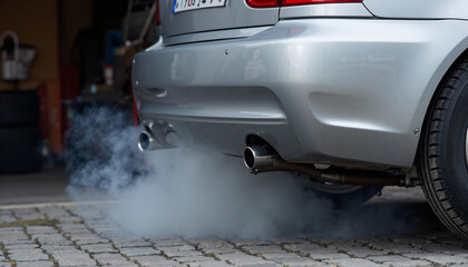 A silver car with a lot of smoke coming out of it.