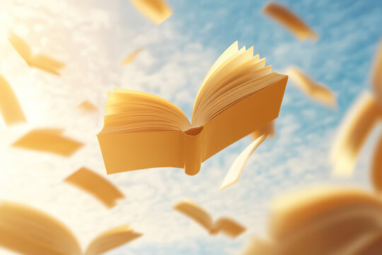 Flying book with pages in motion against a blue sky background