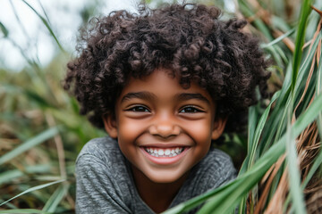 Close-up of a cheerful young child with curly hair smiling brightly while playing in tall green grass