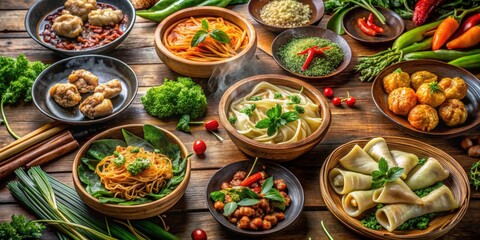 Fototapeta premium Aromatic Culinary Delights A Diverse Selection of Savory Dishes and Fresh Ingredients Arranged on a Rustic Wooden Tabletop