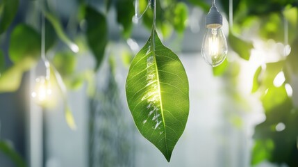 Hanging green leaf bulbs glowing on crisp white studio background