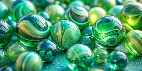 A Collection of Swirling Green Glass Spheres Displaying Intricate Patterns and Subtle Light Reflections