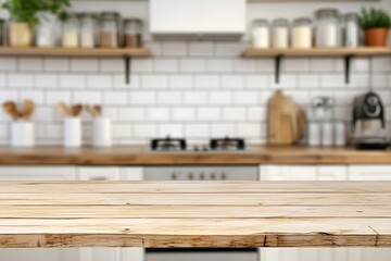 Light Wood Tabletop Over Modern Kitchen Blur with Jars and Utensils on Shelves