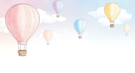 Pastel Hot Air Balloons Floating in a Dreamy Sky Watercolor Illustration
