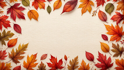 Autumn leaves arranged in a decorative frame on a textured background, perfect for seasonal greetings