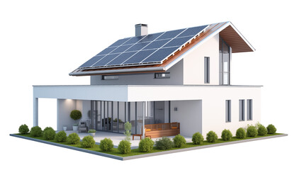Modern house with solar panels on the roof and green landscaping around isolated on transparent background	