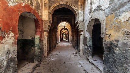 Naklejka premium Long Shot Interior View of Marrakesh Medina Arches with Textured Walls