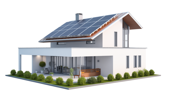 Modern house with solar panels on the roof and green landscaping around isolated on transparent background	