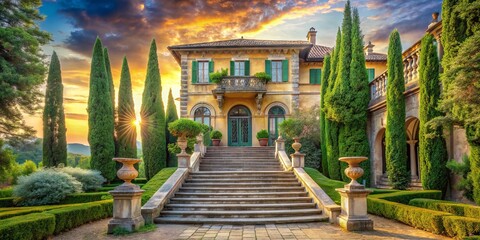 Obraz premium Grand Estate at Sunset A Majestic Residence with Expansive Gardens and a Striking Stone Staircase