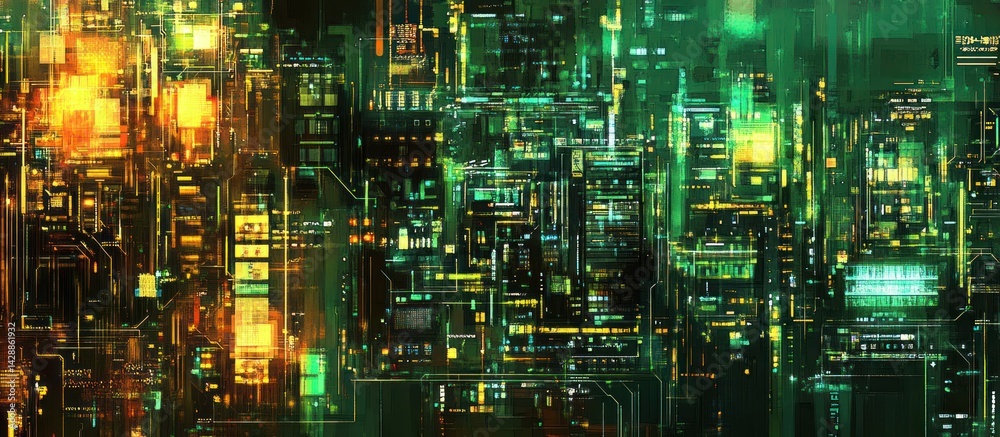 Poster futuristic city infrastructure with neon lights reflecting intricate circuitry patterns creating a v