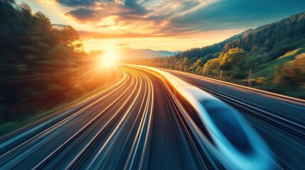 High-speed train on a winding road at sunset