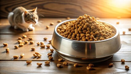 A feline companion observes a generous portion of dry kibble in a gleaming metal bowl, scattered kibble on a rustic wooden surface adds to the scene's charm.