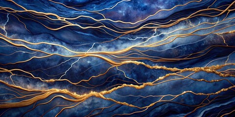 Obraz premium Abstract Deep Blue and Gold Swirling Marble Texture with Elegant Golden Veins