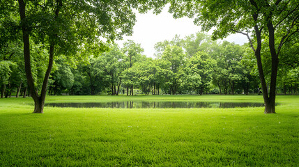 Obraz premium Green Lush Park Landscape With Pond And Trees