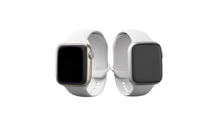 Two smartwatches with white bands displayed isolated on transparent background	
