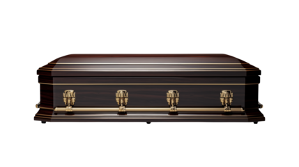 A dark brown coffin with golden handles isolated on transparent background	