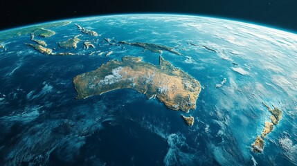 Satellite view of Australia and surrounding islands, showing landmasses, oceans, and cloud formations.