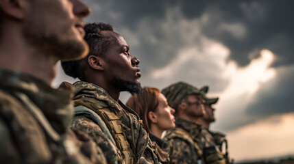 Profile portraits of diverse soldiers in camouflage uniforms during joint military drills, strong teamwork and unity under dramatic sky