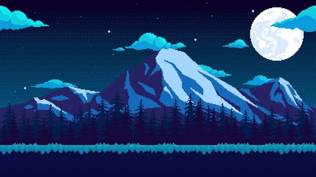 Pixel animation of mountains with clouds and moon at night. Pixel art animated background, old school video game style 8 bit.