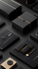 Luxury Black Boxes with Golden Accessories on a Sleek Dark Gray Tabletop Display