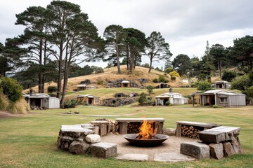 Cozy Outdoor Fire Pit Surrounded by Charming Cabin Retreats