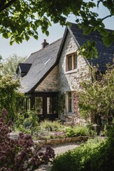 Nestled in a tranquil countryside location, this delightful stone house is encompassed by a vibrant, lush garden, creating a picturesque escape on a warm and sunny early spring day