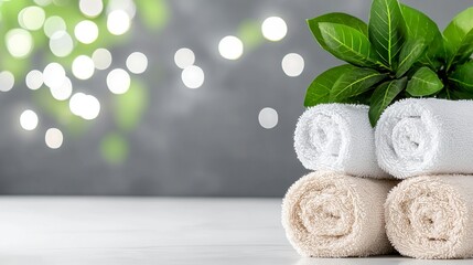 Spa Towels with Green Leaves and Bokeh Background