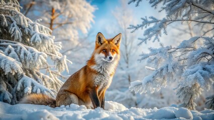 A Majestic Red Fox Rests Serenely in a Winter Wonderland, Surrounded by Snow-Covered Evergreens under a Bright, Clear Sky