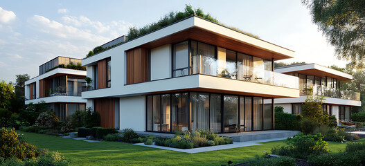 Fototapeta premium Modern apartment building with white and wood paneling exterior, green roof, large windows with wooden frames, glass balconies, small garden in front of the buildings.