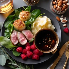 Gourmet Pan Seared Scallops Pork Medallions Mashed Potatoes Raspberry Spinach Plate