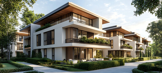Fototapeta premium Modern apartment building with white and beige exterior walls, wooden balconies adorned with greenery.
