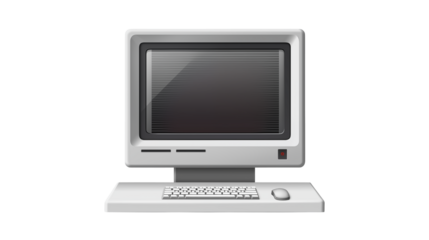 Illustration of an old computer with a keyboard and mouse on a desk isolated on transparent background	