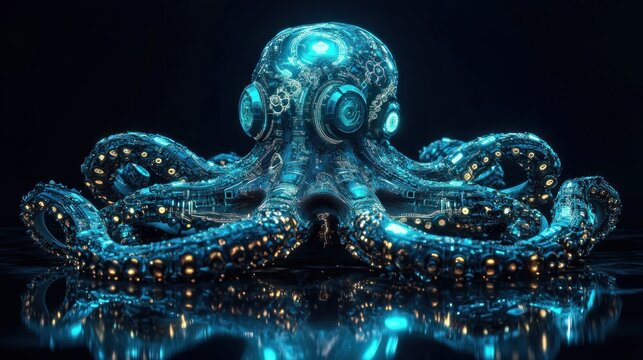 Cybernetic Octopus Glowing, Dark Studio, Tech Background, Sci-fi Art