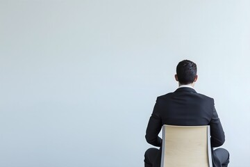 Rear view of a solitary businessman in a formal suit sitting on a chair and staring at a blank wall, a concept of corporate uncertainty and introspection