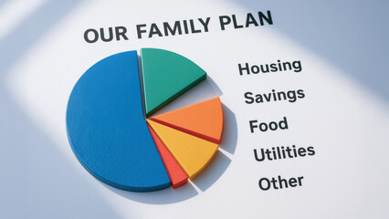 Our family plan illustrates life goals through pie chart showing budget allocations for housing savings food utilities