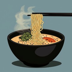 Steaming Noodles in Dark Bowl, Simple Illustration