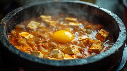 Steaming hot pot with tofu, egg, and spicy sauce.